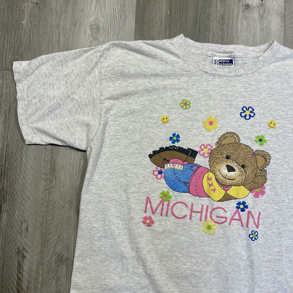 Vintage 90s Hipster Teddy Bear Michigan Flower Size 2XL XXL Cute Retro Tshirt‎